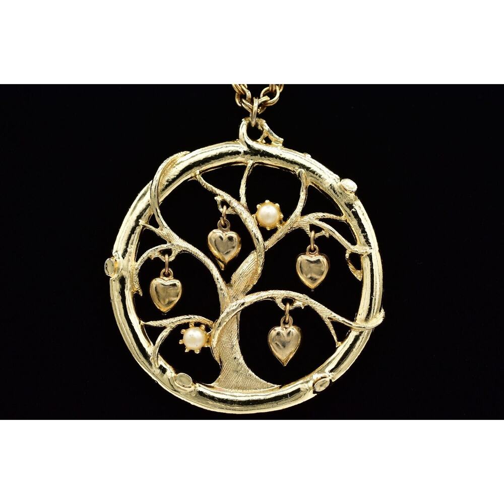 Vintage Tree Heart Pendant Necklace Pearl Charm Gold Tone Chunky 1970s BinBL